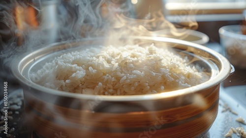 Steaming Rice in a Wooden Bowl