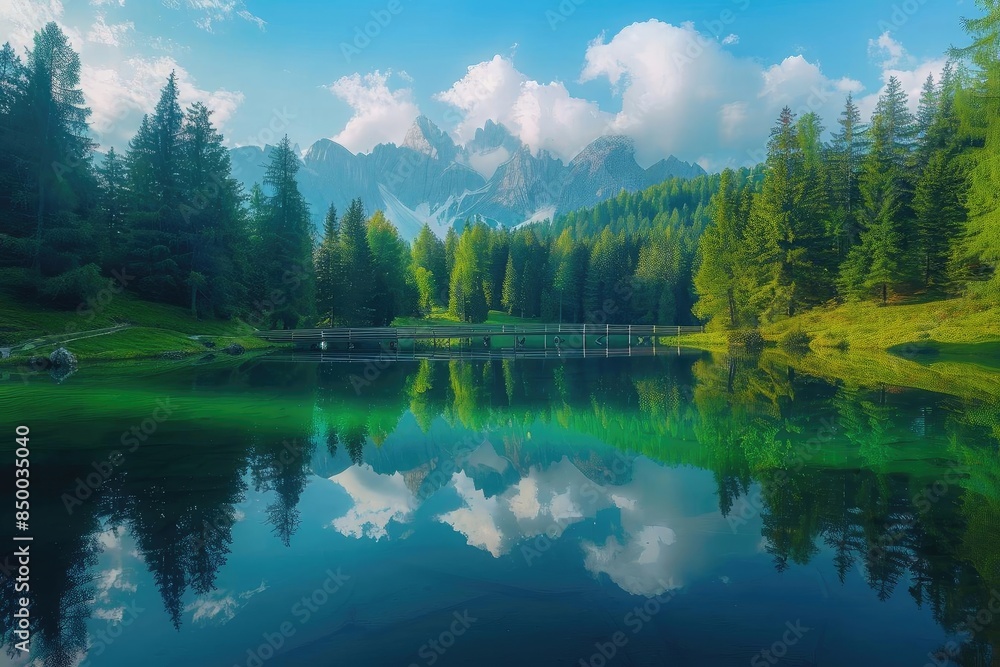 Fototapeta premium Pristine lake surrounded by lush pine forest with majestic mountain backdrop and clear blue sky, ideal for nature, landscape, and travel themes.