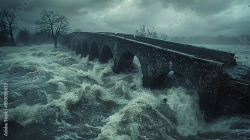 Flooded bridge over a swollen river, turbulent water under a stormy sky Flooded bridge, swollen river, water surge photo