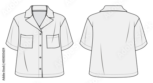 Women’s  blouse, body fit, front and back view vector fashion illustration , cad, technical drawing, flat drawing, mockup, template.