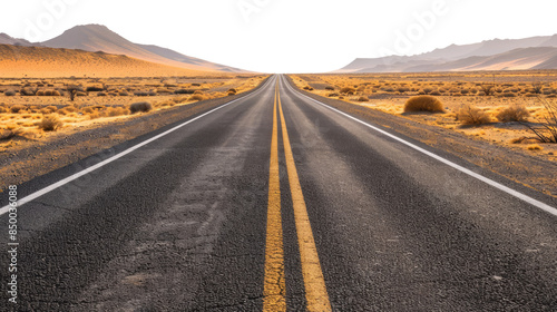 Empty straight asphalt road in the desert, isolated on transparent background