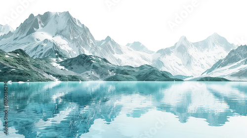 Beautiful mountain range with a large body of water in the foreground isolated on transparent background © Aleksandr Bryliaev