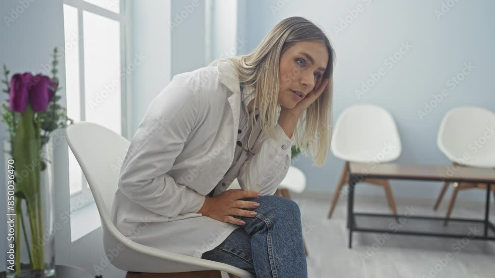 A young attractive blonde caucasian woman in a clinic waiting room, dressed in casual clothes, shows signs of fatigue while sitting indoors. A young attractive blonde caucasian woman in a clinic waiting room, dressed in casual clothes, shows signs of fatigue while sitting indoors.