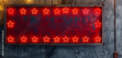 Stylish red marquee frame with neon stars, vibrant on a concrete wall.