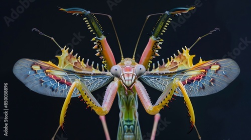 Amazing colorful Pseudocreobotra wahlbergii female Spiny Flower Mantis show wings on black background : Generative AI