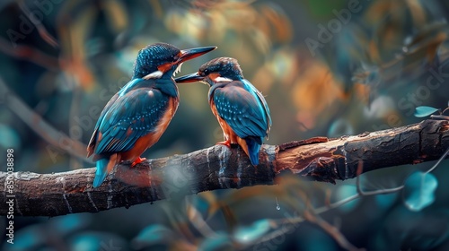 Adult and Juvenile of Storkbilled Kingfisher lovely brown bird with turquiose blue wings and red beaks perching together on curve vain on training for fishing hour : Generative AI photo
