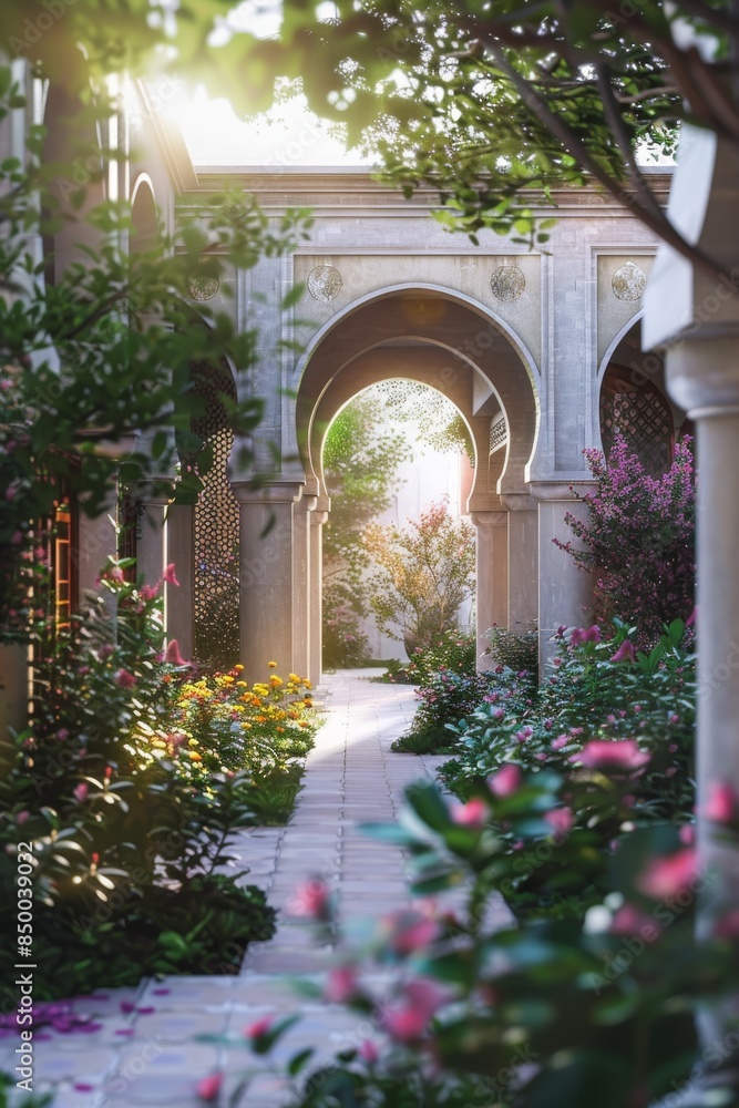 Fototapeta premium Immersive 3D visualization of a serene Islamic garden courtyard, providing a peaceful retreat for contemplation.