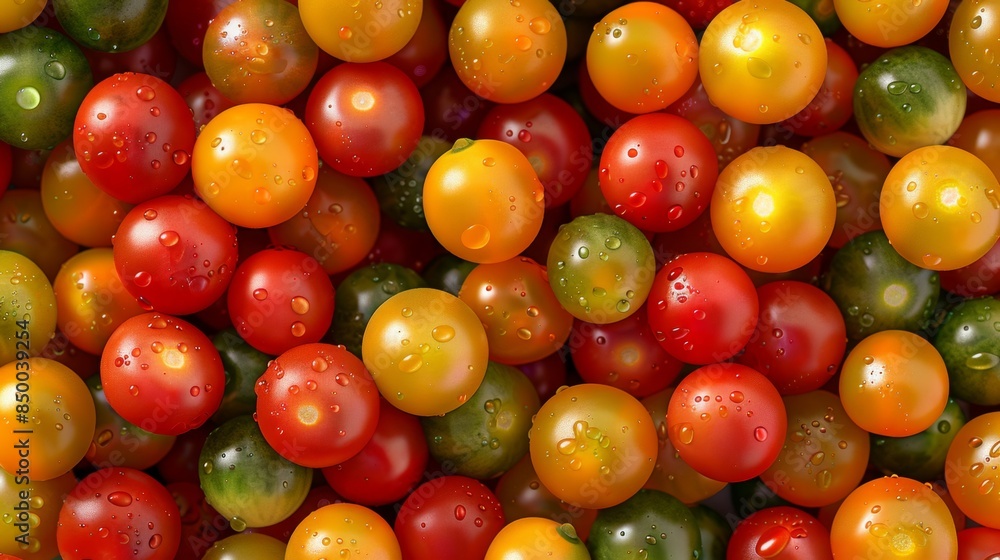 Fresh colorful cherry tomatoes background, with drops of water. Perfect for healthy eating, salad ingredients, or fresh produce themes. Fresh colorful cherry tomatoes background, with drops of water. Perfect for healthy eating, salad ingredients, or fresh produce themes.