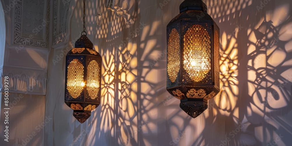 Islamic lanterns casting intricate shadows against a white wall, creating a mesmerizing ambiance. Islamic lanterns casting intricate shadows against a white wall, creating a mesmerizing ambiance.