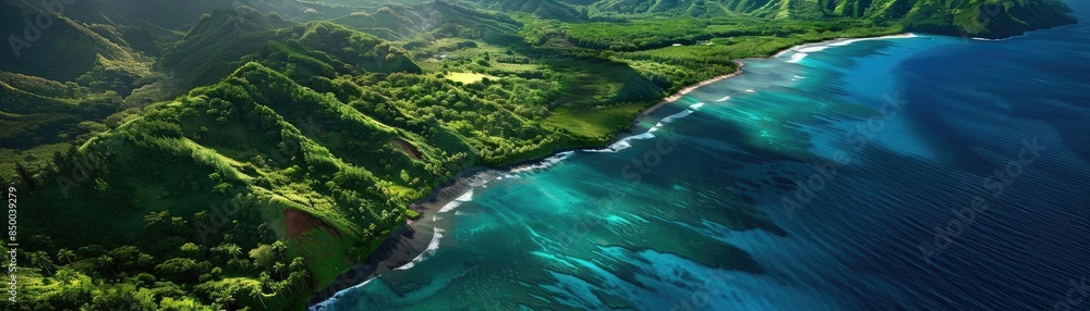 Breathtaking aerial view of lush green coastline and pristine blue ocean waves under sunlight, offering a serene and picturesque landscape. Breathtaking aerial view of lush green coastline and pristine blue ocean waves under sunlight, offering a serene and picturesque landscape.