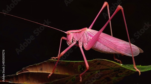 The rare Pink Katydid Of Sabah  Eulophophyllum lobulatum : Generative AI photo