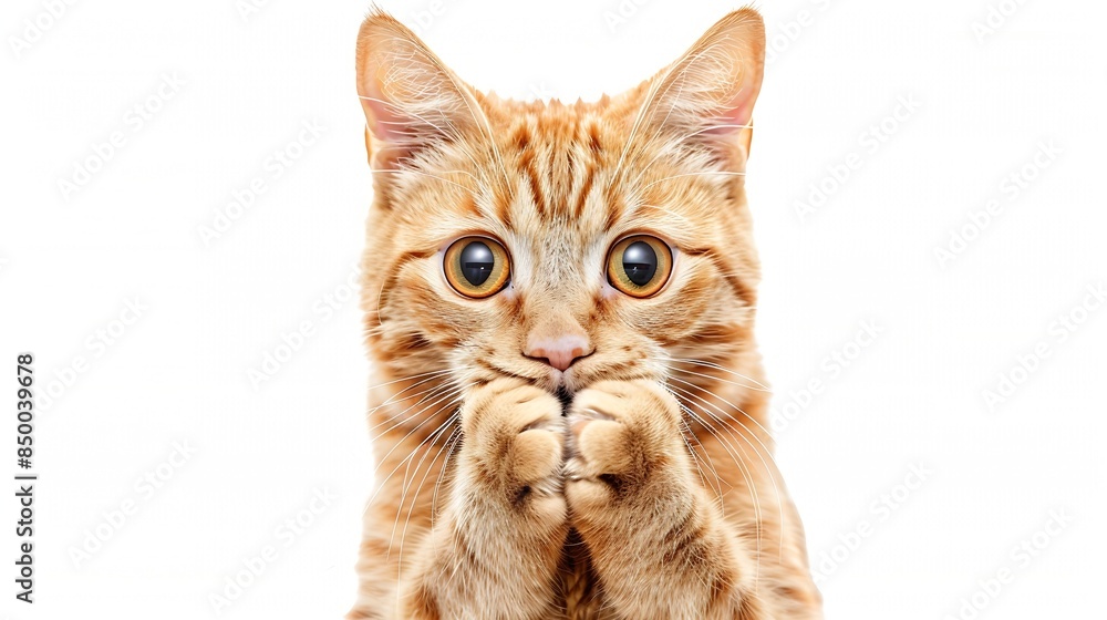 Obraz premium Surprised cat covering his mouth with his paws isolated on white background : Generative AI