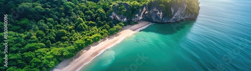 Aerial view of a pristine beach with turquoise waters, surrounded by lush green forest and rocky cliffs under the clear sky.