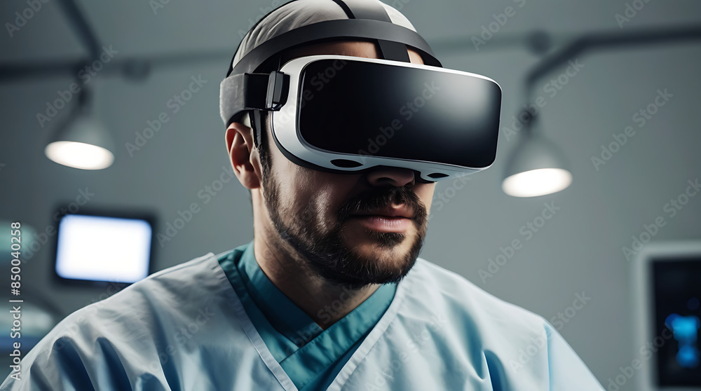 A medical expert or professional surgeon wearing virtual reality headset in an operating theatre with copy space
A medical expert or professional surgeon wearing virtual reality headset in an operating theatre with copy space