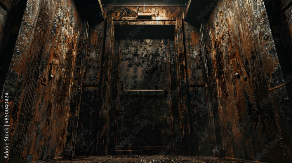 Eerie old elevator shaft in an empty building, bathed in dim light, revealing the harshness of rust and decay Eerie old elevator shaft in an empty building, bathed in dim light, revealing the harshness of rust and decay