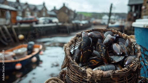 Freshly harvested mussels in a rustic basket, with a background of a seaside fishing village © Alpha