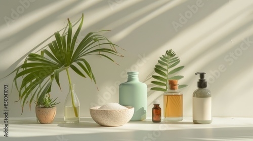 A collection of various bottles and vases with a green bowl in the middle. The bottles and vases are arranged in a way that creates a sense of harmony and balance © Cloudyew