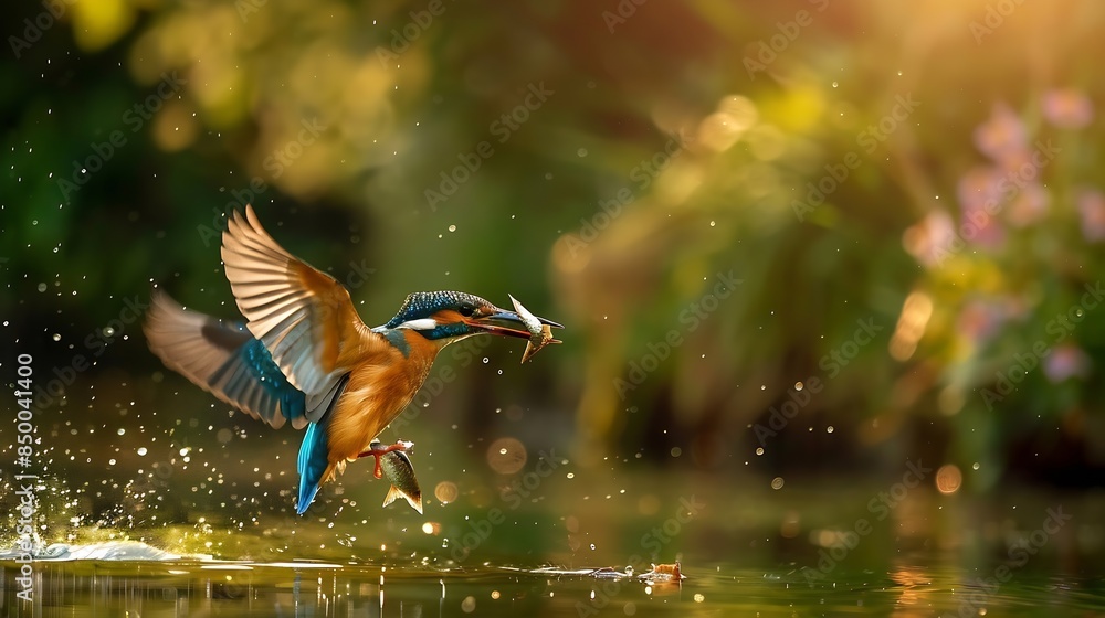 Obraz premium Common European Kingfisher Alcedo atthis river kingfisher flying after emerging from water with caught fish prey in beak on green natural background : Generative AI