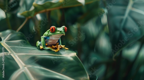 Selective focus of green red eyed tree frog sitting on green leaf of exotic plant growing in forest in wild nature : Generative AI photo