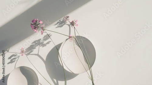 A white plate with a flower on it is placed on a white background