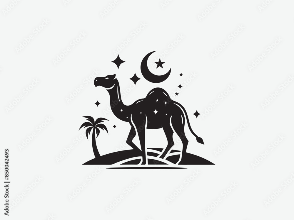 Fototapeta premium Eid al adha camel design. Camel vector design. Eid Mubarak. Premium. Star. Half moon. Black color camel art. Animale. Adha Mubarak. Eid festival.