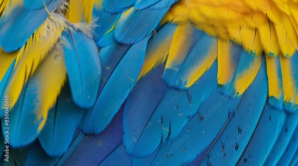 Obraz premium An amazing blue background of puffy bird feathers the fascinated Yellow and Blue macaw birds wing texture : Generative AI