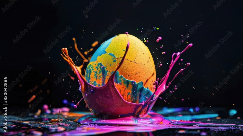 Naklejka premium Vibrant paint splash on a cracked egg in midair, sharp focus, bright colors, studio lighting, shallow depth of field, black background, highspeed photography