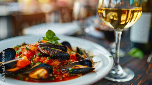 Gourmet dish of freshly cooked mussels with a spicy tomato sauce, vibrant colors, and a glass of white wine beside