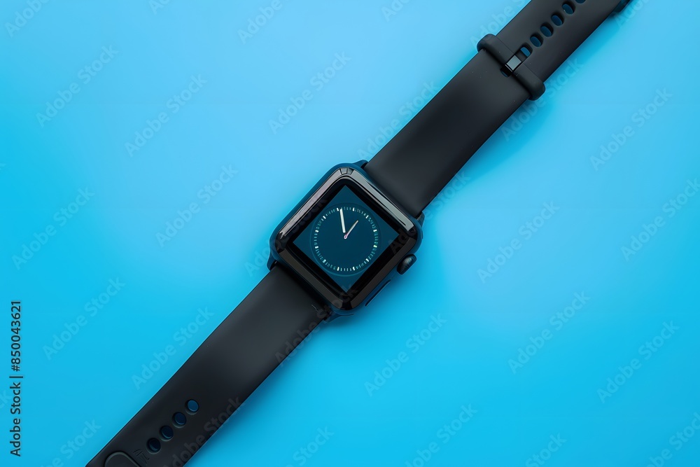 Minimalist black smartwatch on blue background, simple flat lay composition for product presentation with copy space. Minimalist black smartwatch on blue background, simple flat lay composition for product presentation with copy space.