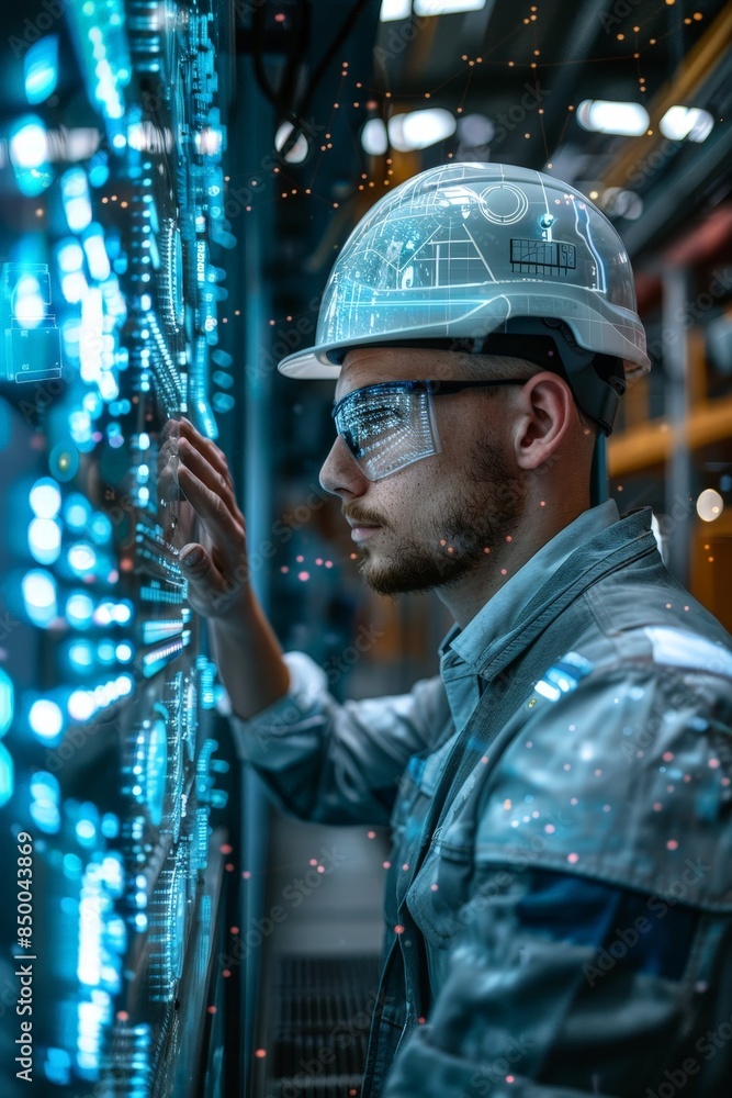 Futuristic Engineer in Smart Glasses and Hard Hat Interacting with High-Tech Control Panel in Advanced Industrial Facility Futuristic Engineer in Smart Glasses and Hard Hat Interacting with High-Tech Control Panel in Advanced Industrial Facility