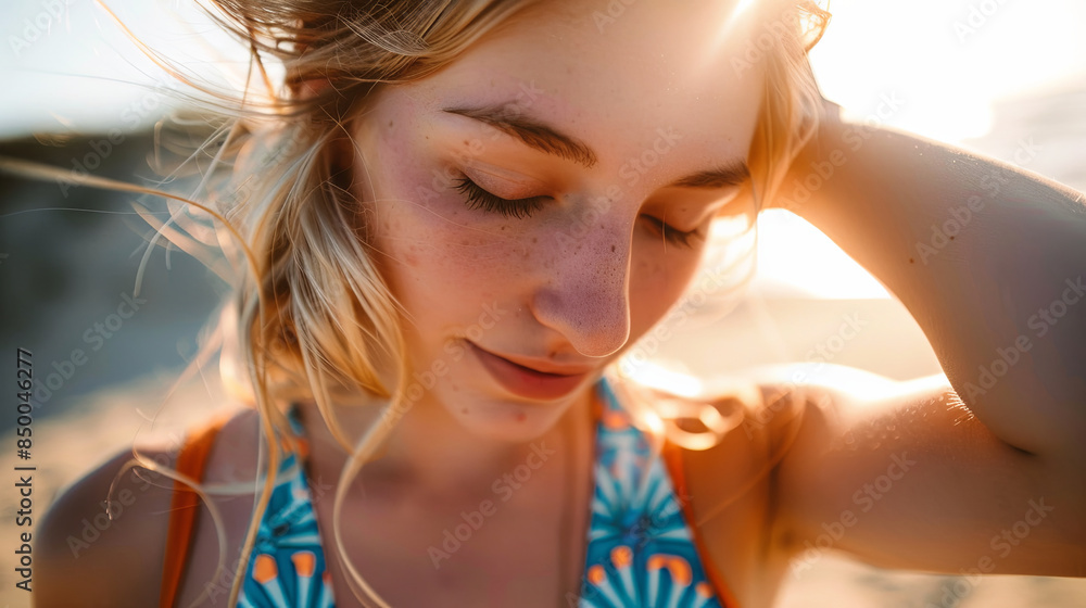 an attractive blonde woman wearing a blue and orange printed tank top, posing on the beach, generative AI an attractive blonde woman wearing a blue and orange printed tank top, posing on the beach, generative AI