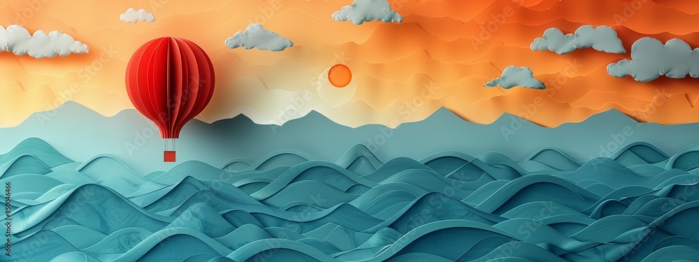 Fototapeta premium Minimalist paper artwork of a hot air balloon drifting across a blank sky, symbolizing freedom and adventure. paper style.