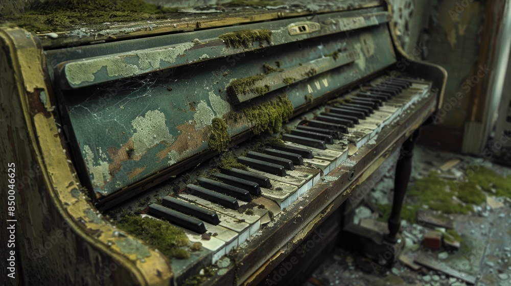Moldy piano in an abandoned house, moss thriving on the keys, decayed wood and peeling paint, a haunting yet serene atmosphere Moldy piano in an abandoned house, moss thriving on the keys, decayed wood and peeling paint, a haunting yet serene atmosphere