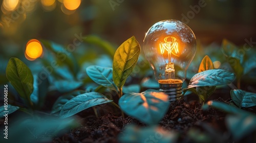 A glowing light bulb nested among green leaves, symbolizing innovation and sustainable energy in a natural environment. photo