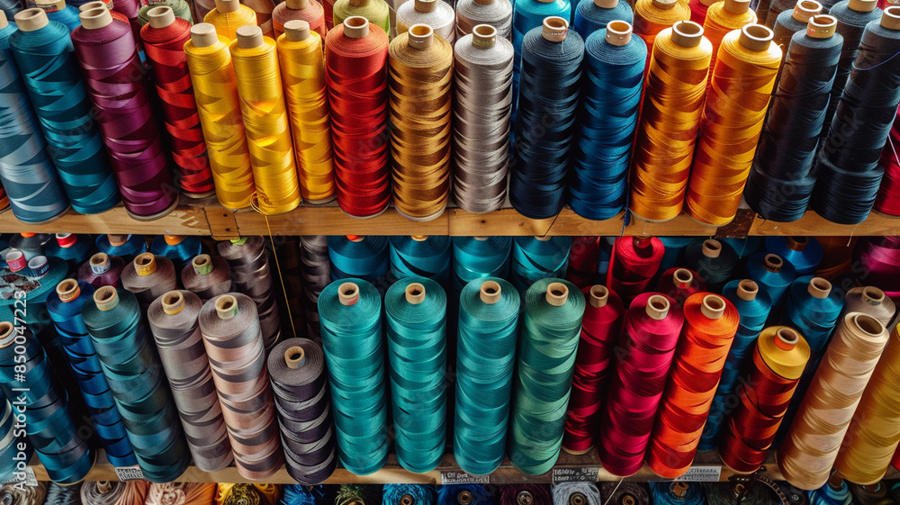 Colorful sewing threads in the clothing industry Colorful sewing threads in the clothing industry