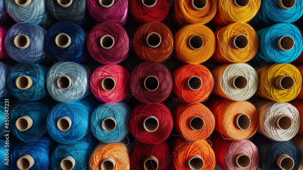 Colorful sewing threads in the clothing industry Colorful sewing threads in the clothing industry