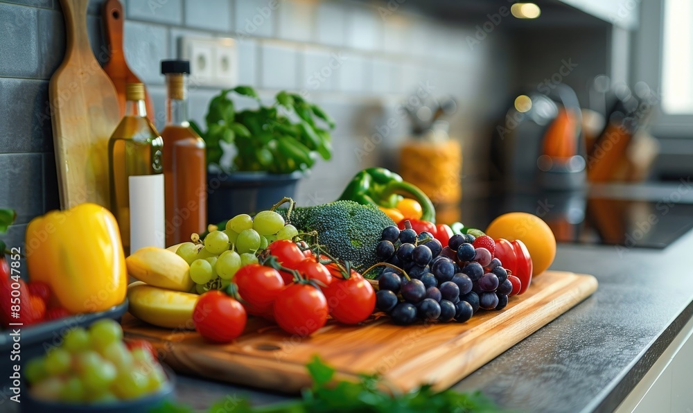 A vibrant kitchen countertop with a variety of fresh fruits and vegetables ready for a healthy meal preparation. A vibrant kitchen countertop with a variety of fresh fruits and vegetables ready for a healthy meal preparation.