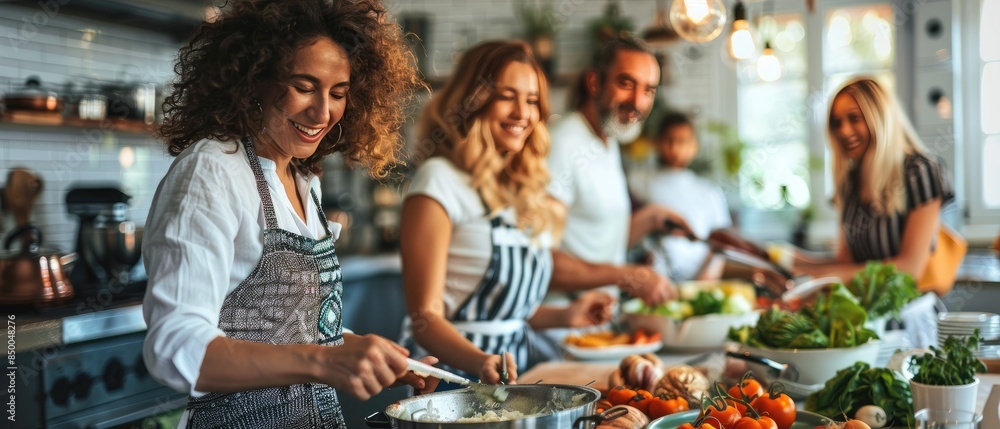 Family cooking together in a bright kitchen, preparing fresh vegetables and enjoying a fun culinary experience. Family cooking together in a bright kitchen, preparing fresh vegetables and enjoying a fun culinary experience.