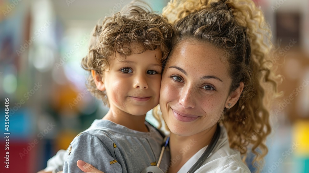 Fototapeta premium Friendly female doctor smiling and hugging a young child in a hospital setting, showing warmth and care in healthcare.