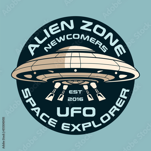 Spaceship Rocket flying spacecraft in the galaxy Vintage Retro Badge logo