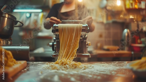 Making homemade pasta, pasta machine extruding fresh noodles, Italian kitchen with rustic charm, warm and hearty feel photo
