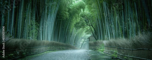 Serene pathway through a lush green bamboo forest with towering bamboo trees arching overhead, creating a tranquil tunnel-like effect.