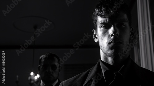 Mafia gangster man with bodyguard looking dangerous, Black and white, concept of evil people man, black character photo