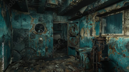 Wallpaper Mural The decaying interior of an abandoned bunker, featuring a lone gun amidst rusting machinery and peeling paint, creating a haunting post-apocalyptic scene Torontodigital.ca