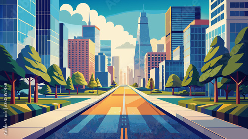 Busy summer street, a road flanked by skyscrapers and trees, straight and bottom view vector illustration