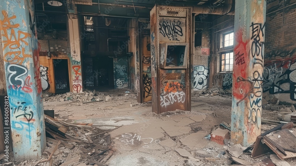 Obraz premium Rusted elevator shaft in a desolate building, with graffiti-covered walls and debris scattered around, telling stories of abandonment