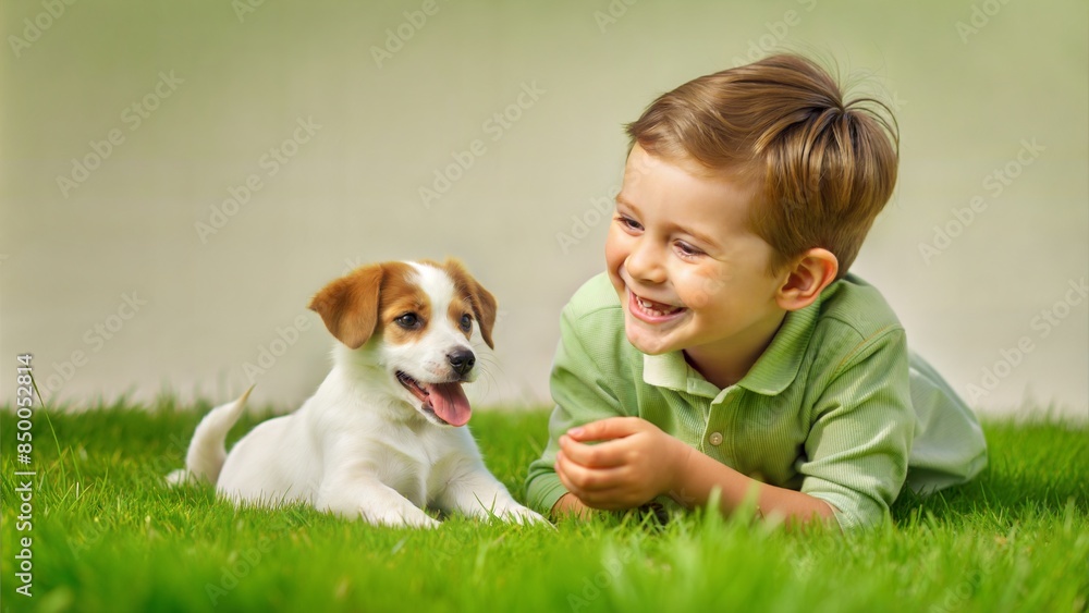 A cheerful portrait of a boy playing with his puppy in a sunlit park, highlighting their joyful and playful relationship. A cheerful portrait of a boy playing with his puppy in a sunlit park, highlighting their joyful and playful relationship.