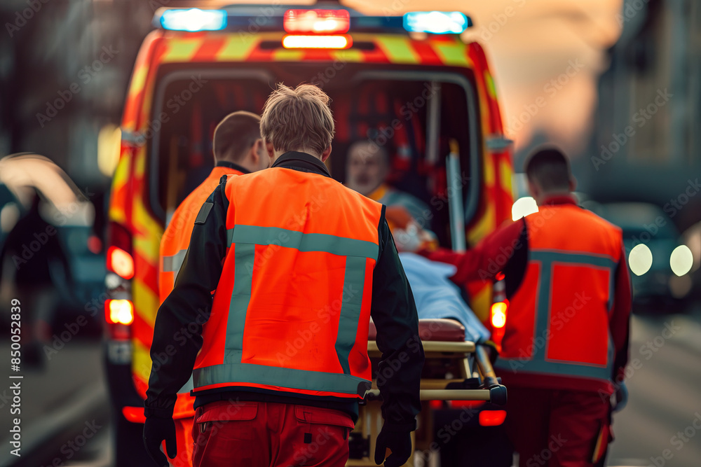 Obraz premium Paramedics transporting an emergency patient on a stretcher to the ambulance