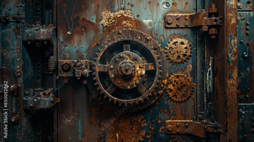 Rusty metal door with intricate gears, submarine interior, dim light reflecting on the metal, showing signs of age and history Rusty metal door with intricate gears, submarine interior, dim light reflecting on the metal, showing signs of age and history