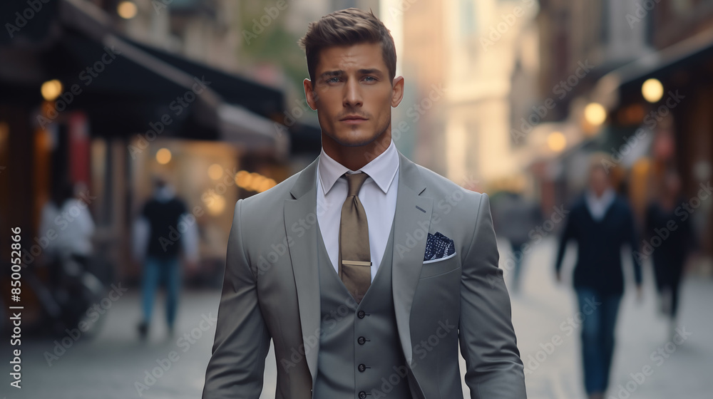 Handsome male model wearing a three-piece suit confidently walking through a bustling city street, captured in HD clarity